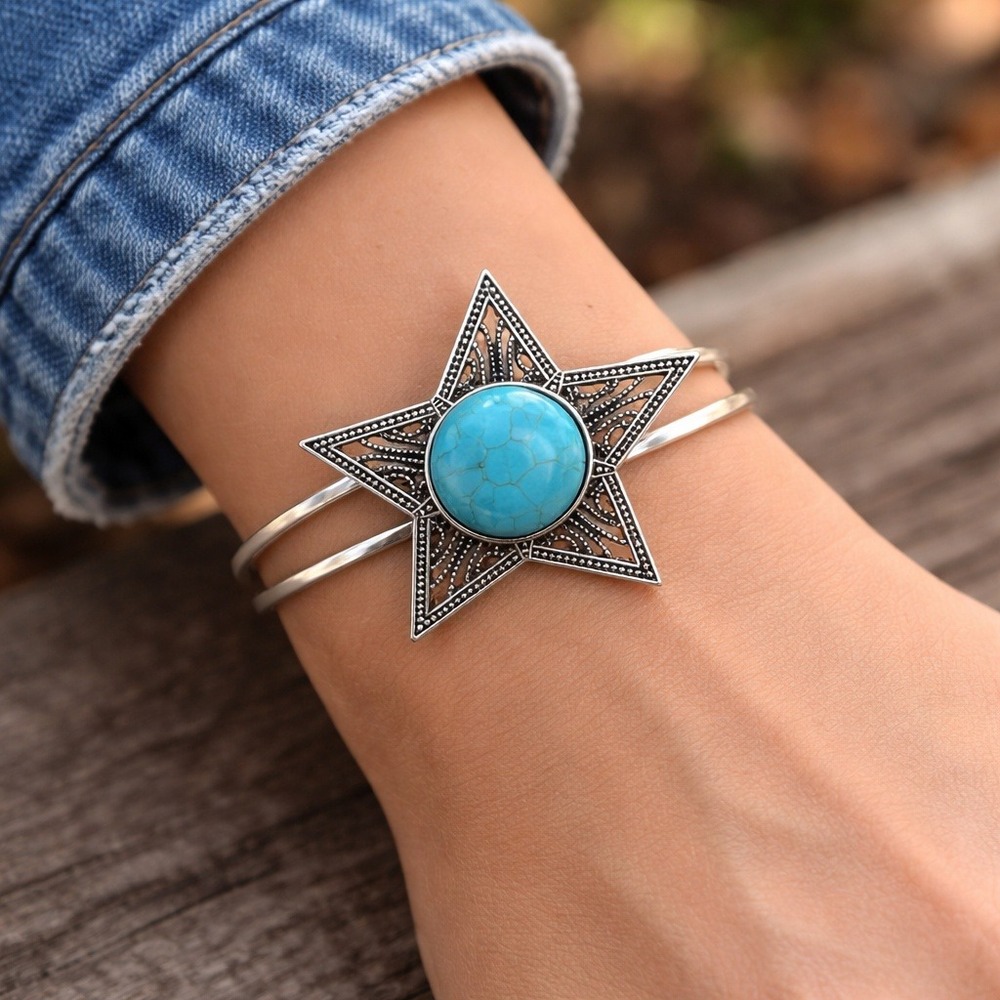 Chuns Silver Tone Turquoise Star Filigree Cuff Bracelet Celestial‎ Western Boho
